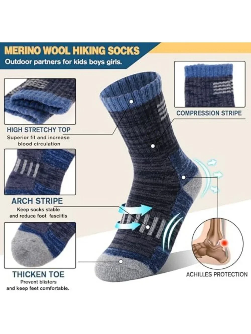 Cozy Kids Merino Wool Hiking Socks - 6 Pairs Thermal, Thick, Moisture-Wicking